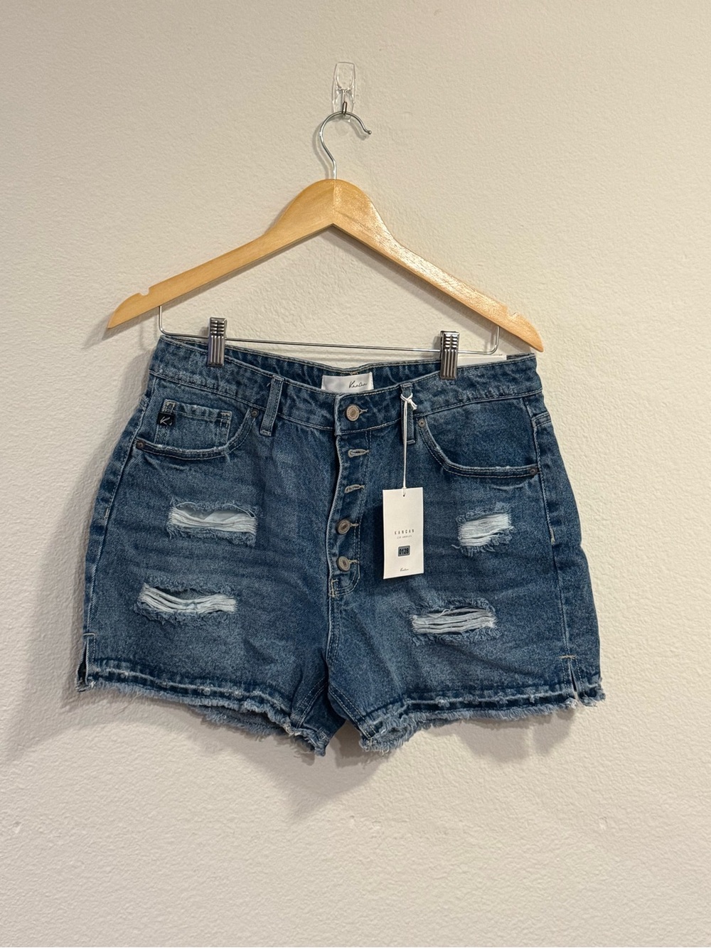 KanCan Distressed Button-Front Denim Shorts - Blue